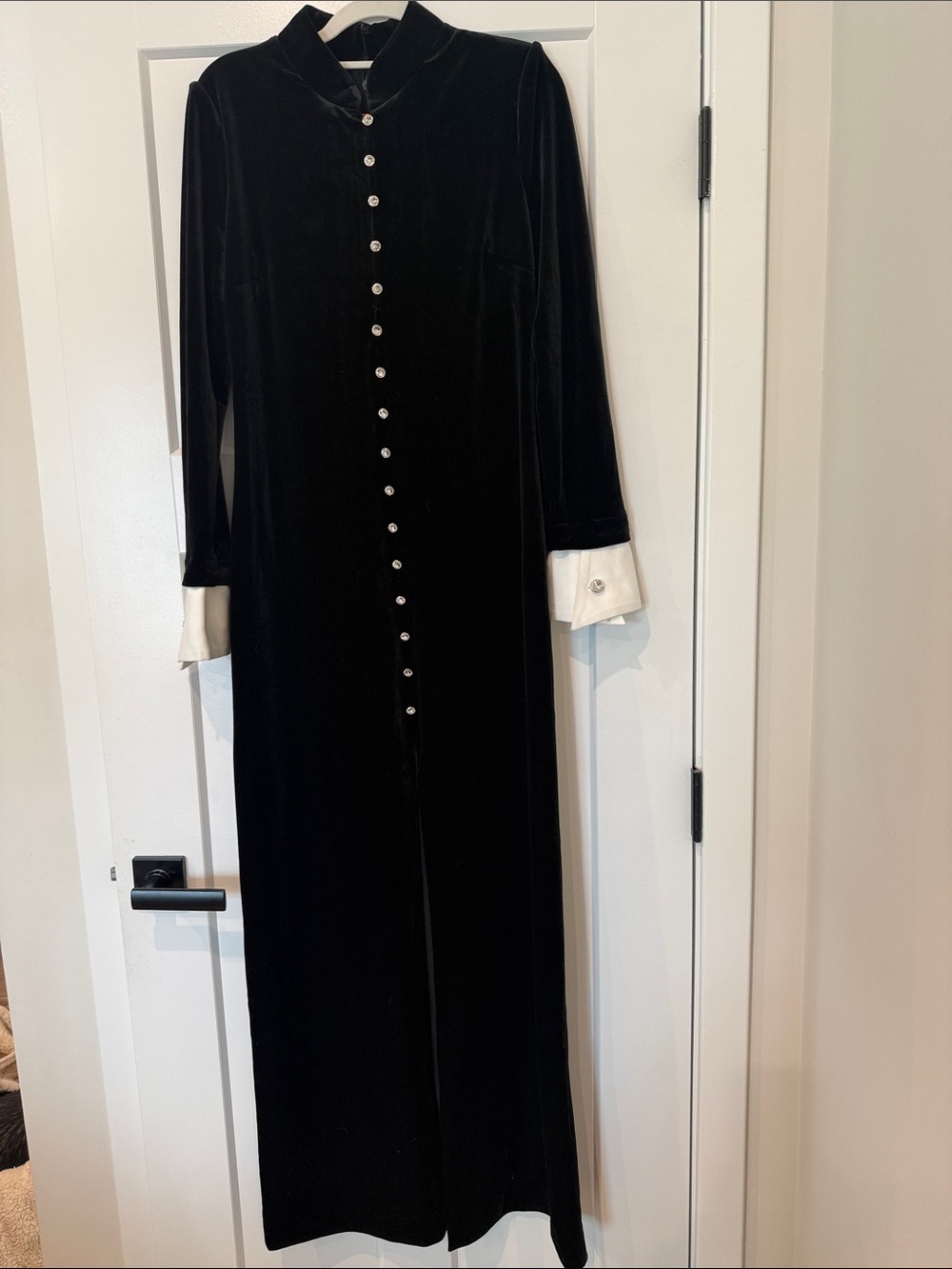 Tuckernuck Black Velvet Long Button-Front Dress with White Cuffs